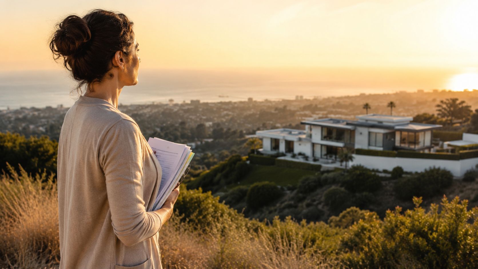 A real estate professional looking out over a hillside luxury home at sunset while holding documents.