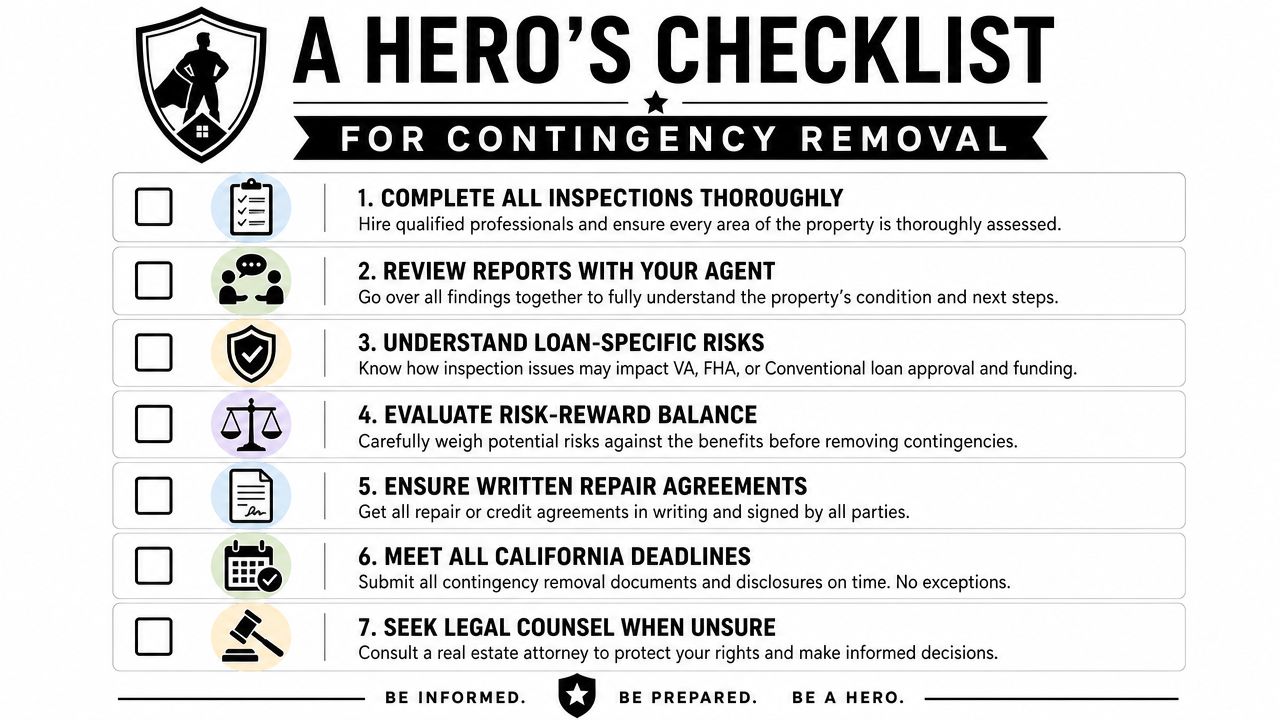 A hero's checklist for real estate contingency removal featuring seven essential steps for home buyers.