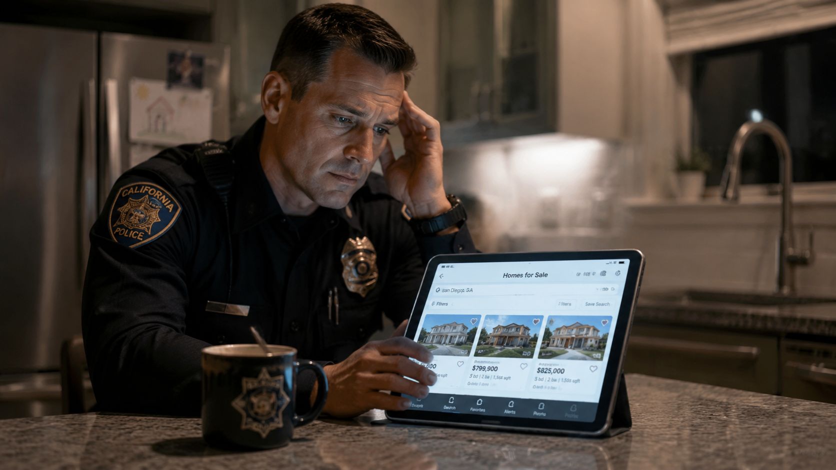 A concerned police officer sitting in his kitchen while browsing online real estate listings on a tablet.