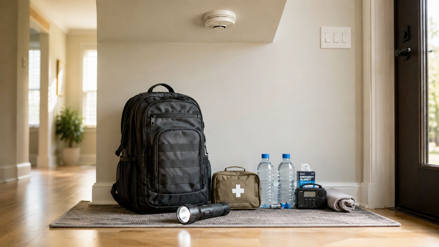 A black backpack and emergency survival supplies prepared for a home disaster or evacuation on a floor mat.