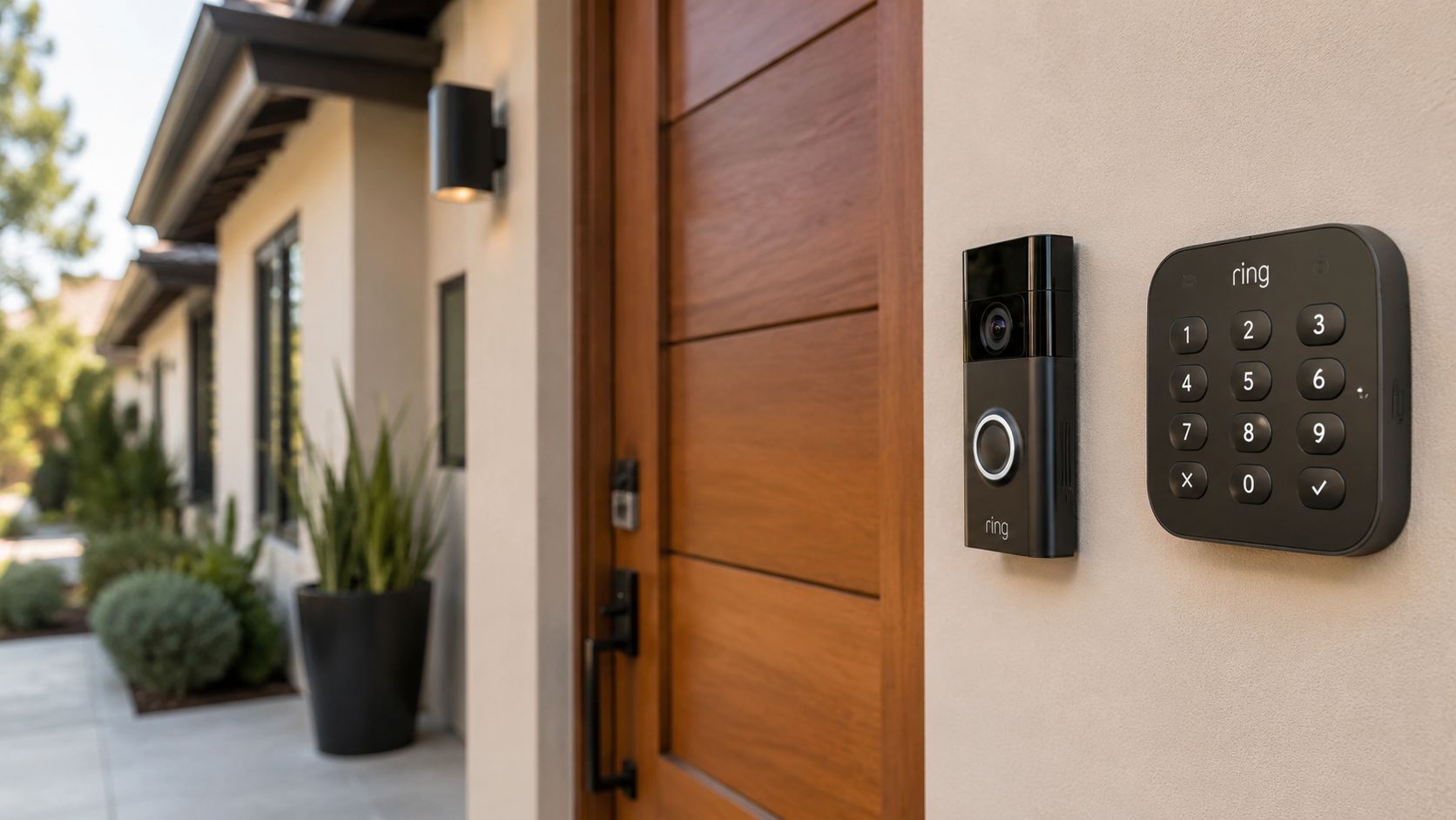 A modern smart home entrance featuring a Ring video doorbell and security keypad installed on the wall.