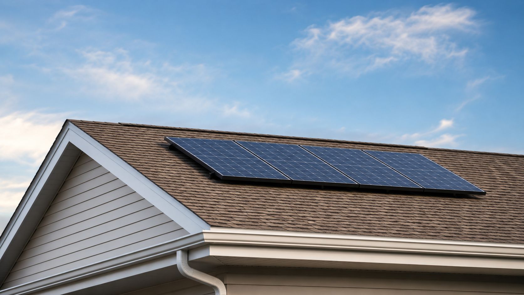 A house roof with several solar panels installed against a clear blue sky with soft clouds.