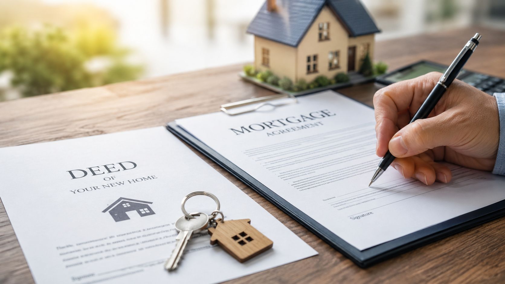 A person signing a mortgage agreement on a desk next to house keys and a model house.