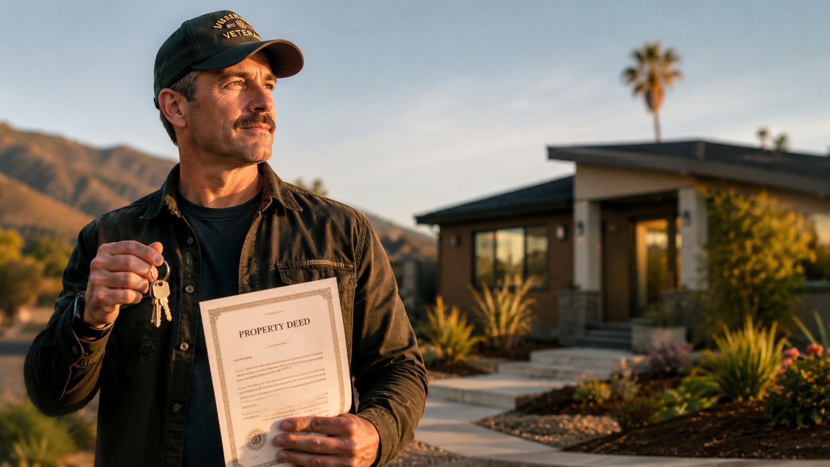 A proud veteran stands in front of his new home, holding a property deed and house keys.