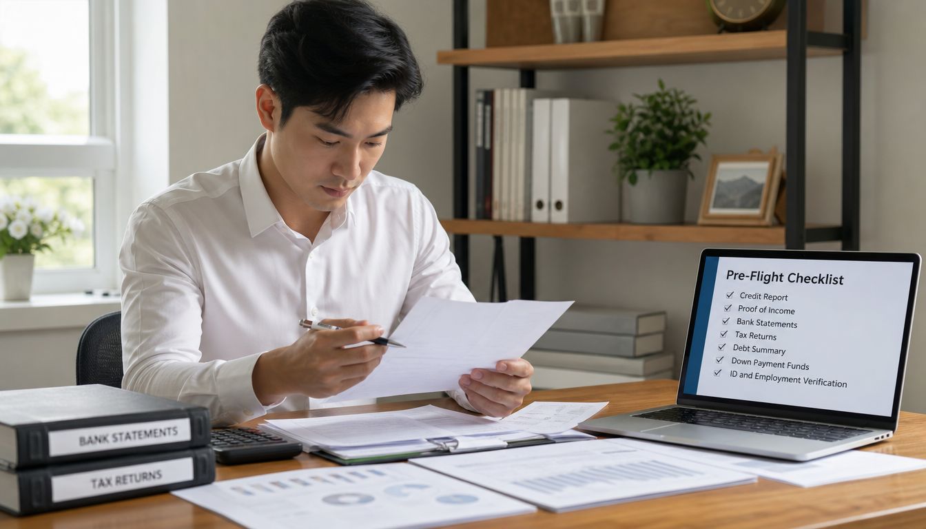 A professional man reviewing financial documents at a desk with a checklist on his laptop screen.
