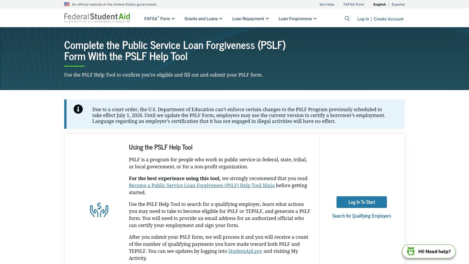 Screenshot from https://studentaid.gov/pslf/