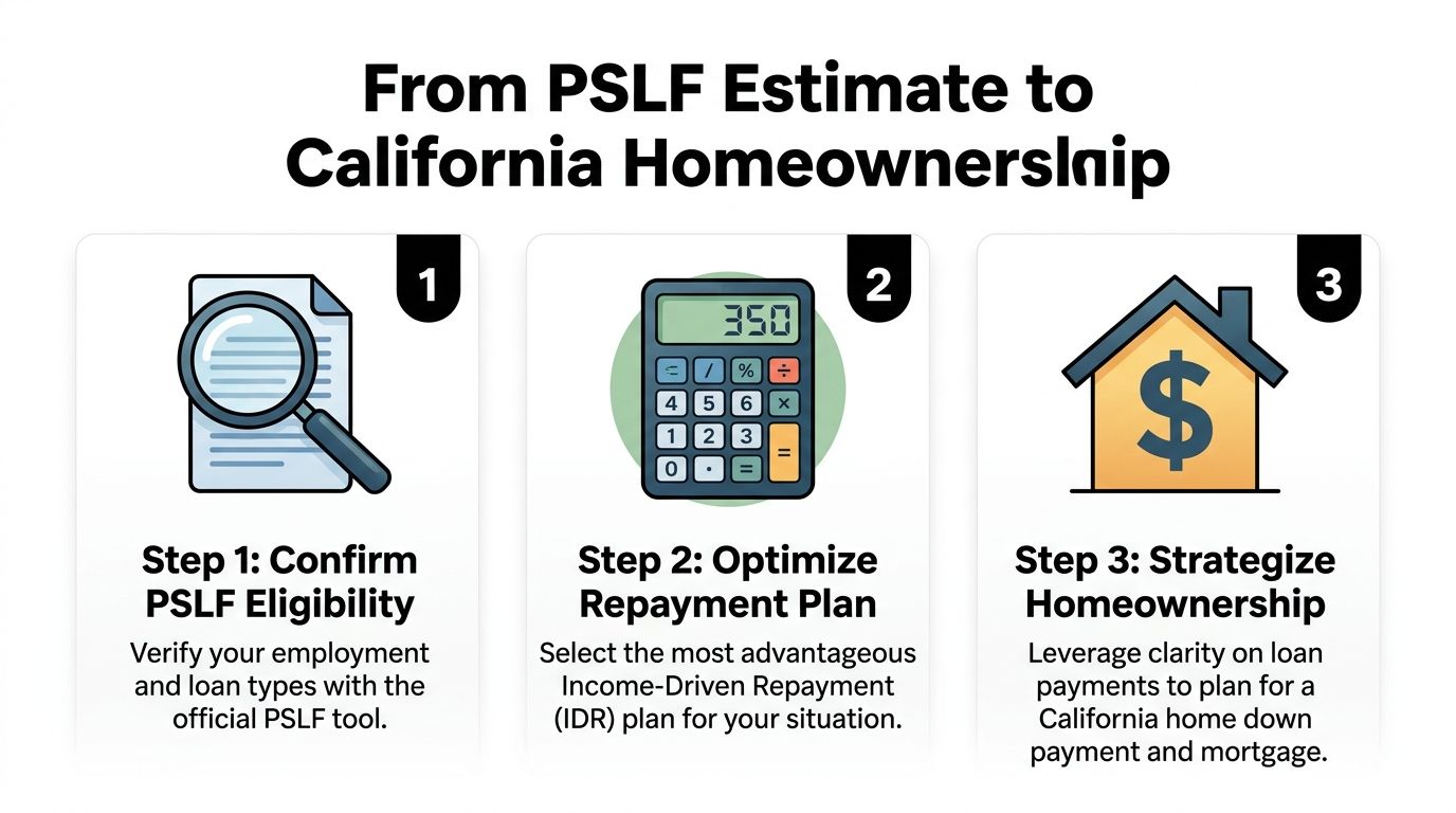 A three step guide on transitioning from Public Service Loan Forgiveness estimates to California home ownership planning.
