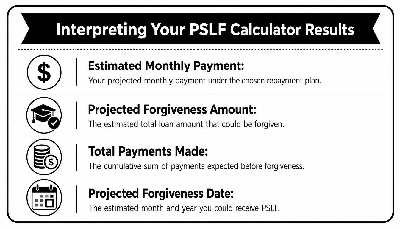 An infographic explaining how to interpret the results of a Public Service Loan Forgiveness (PSLF) calculator.