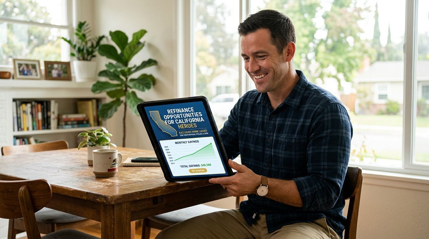 A smiling man holding a tablet displaying California mortgage refinance opportunities and savings for public service heroes.