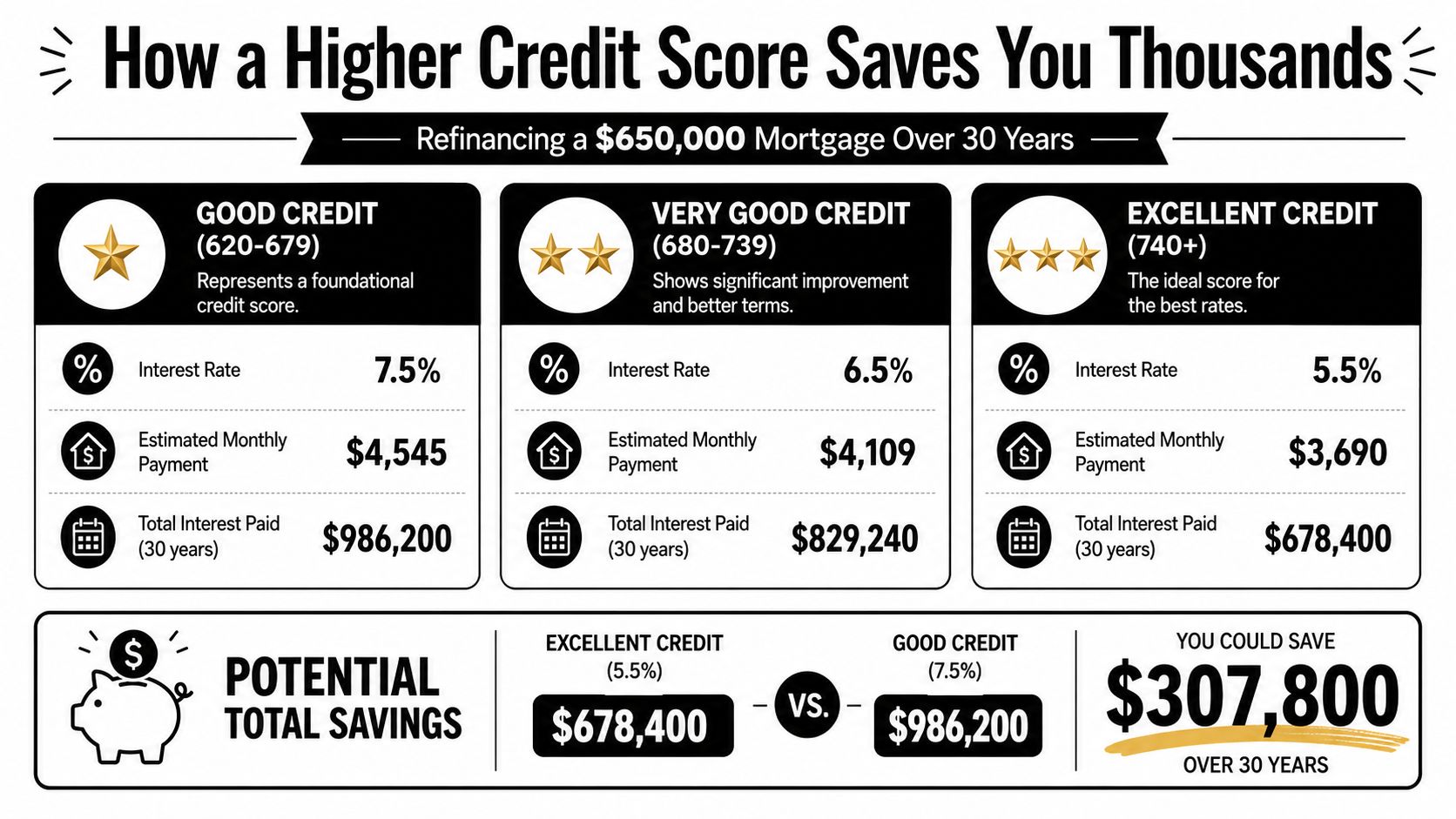 A financial chart illustrating how higher credit scores lead to significant savings on a 30-year mortgage refinance.