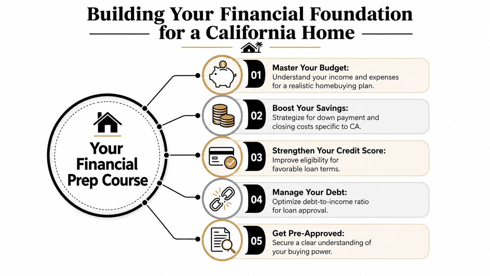A flowchart showing five essential steps for financial preparation when buying a home in California.