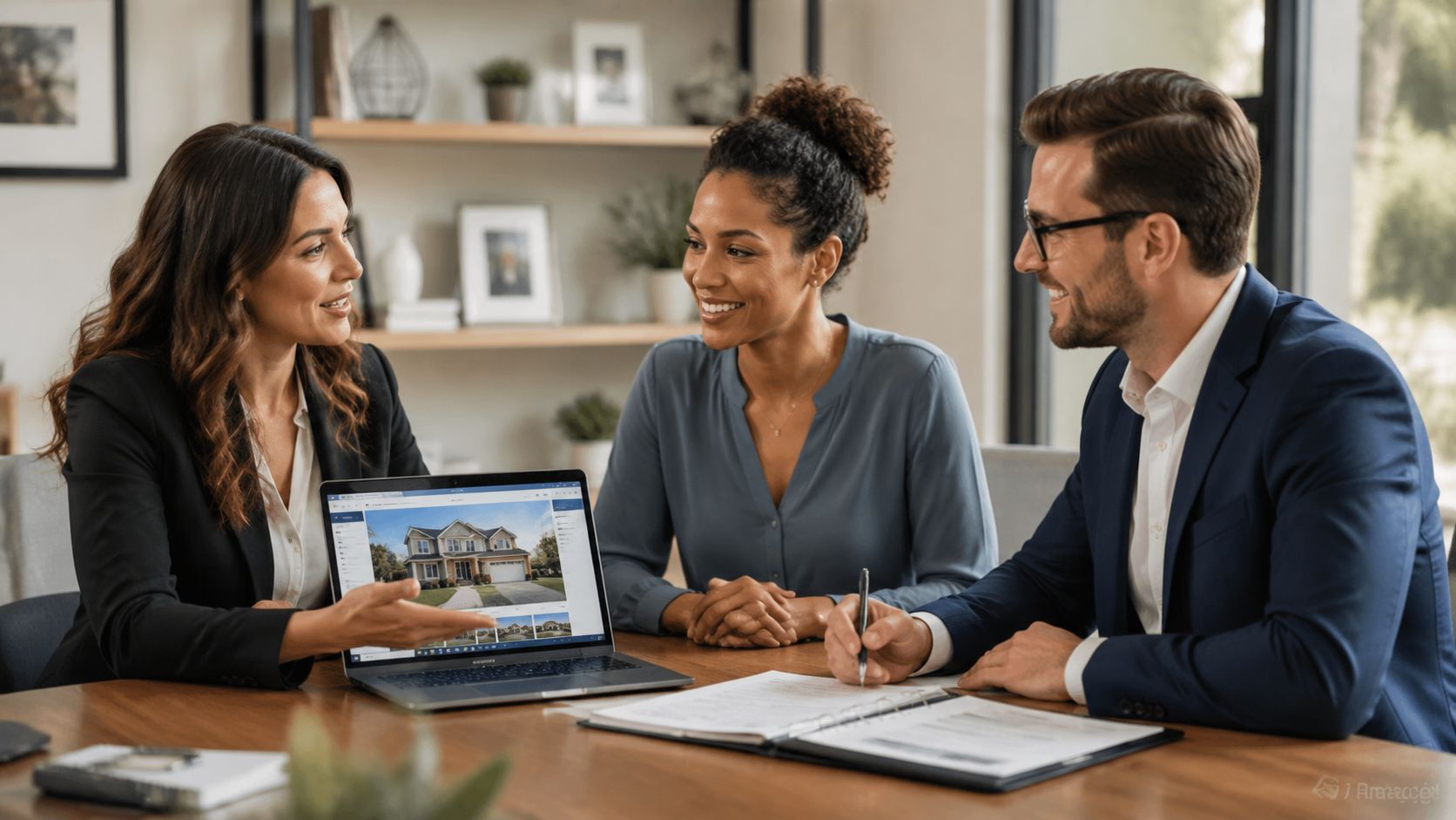 A professional real estate agent presents house listings on a laptop to a smiling couple during consultation.