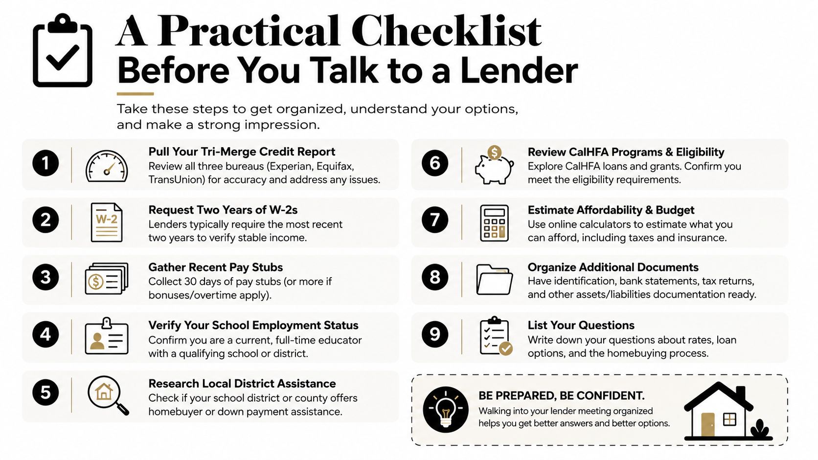 An infographic checklist guiding educators through nine essential preparation steps before meeting with a home lender.