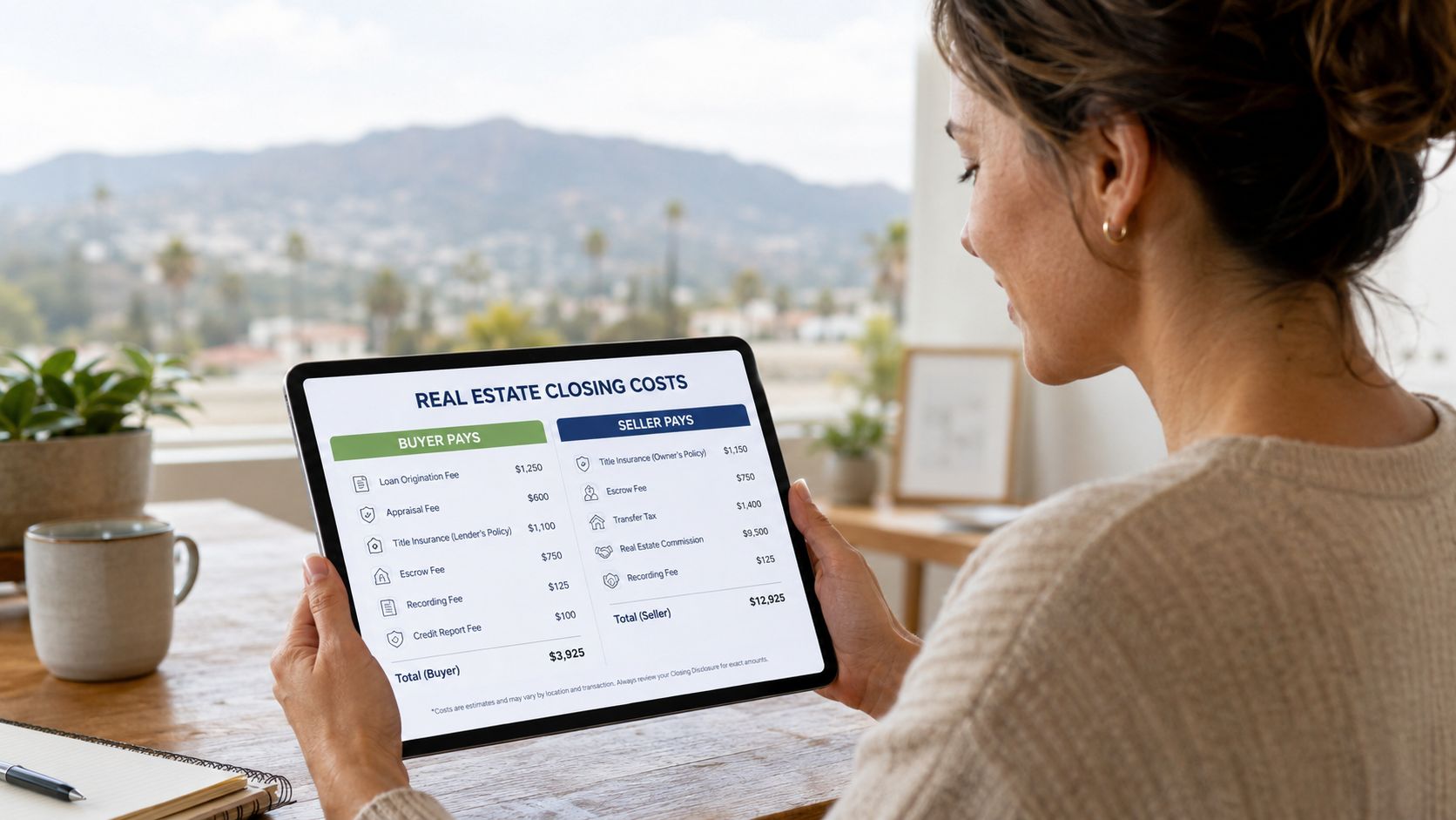 A woman reviewing a digital breakdown of real estate closing costs on a tablet device at home.
