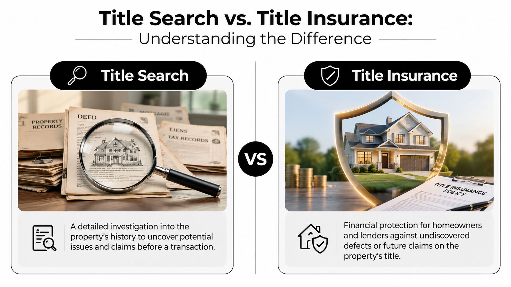 An infographic comparing the functions of a title search versus title insurance for property owners.