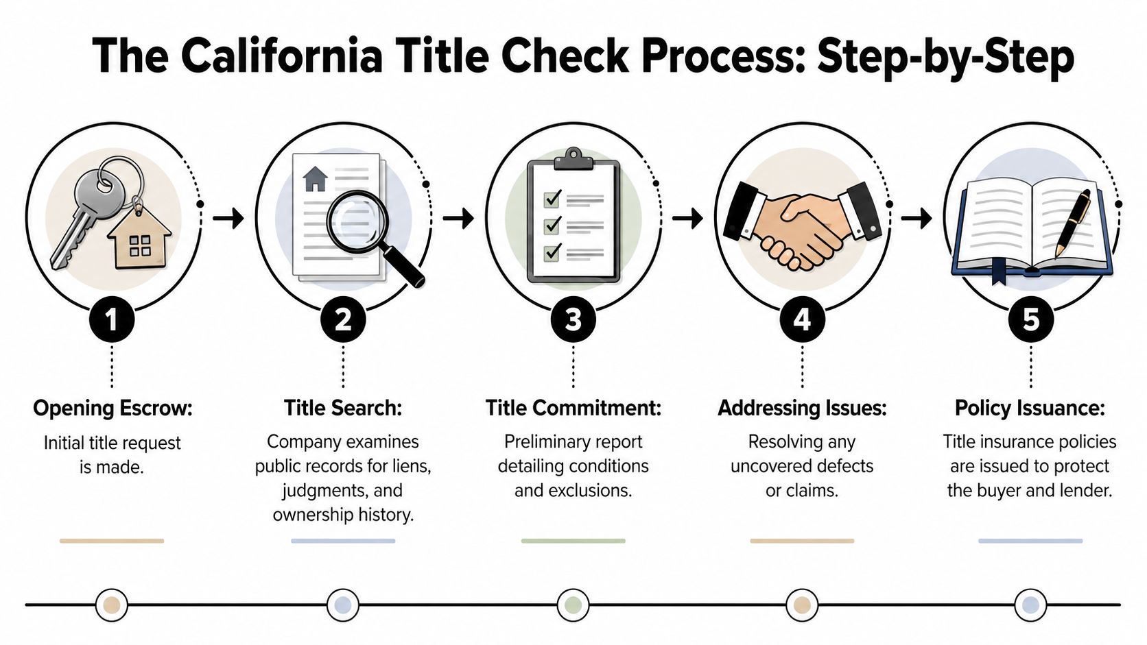 A step-by-step infographic illustrating the California real estate title check process from escrow to policy issuance.