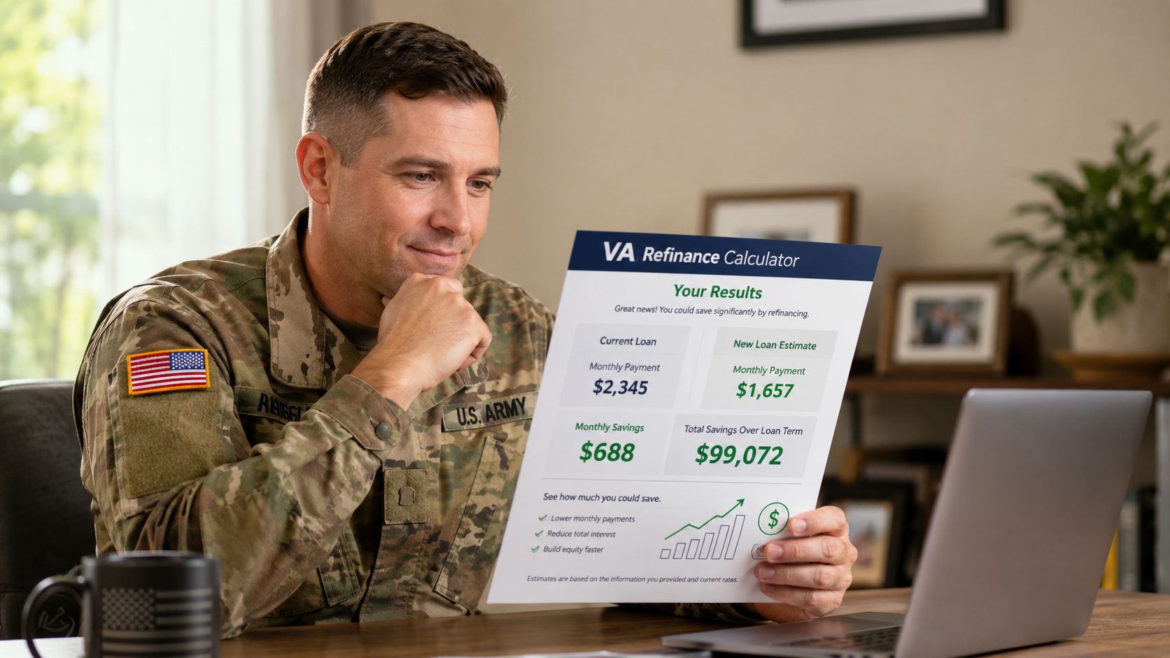 A U.S. Army soldier looking at a VA refinance calculator results page on a piece of paper.