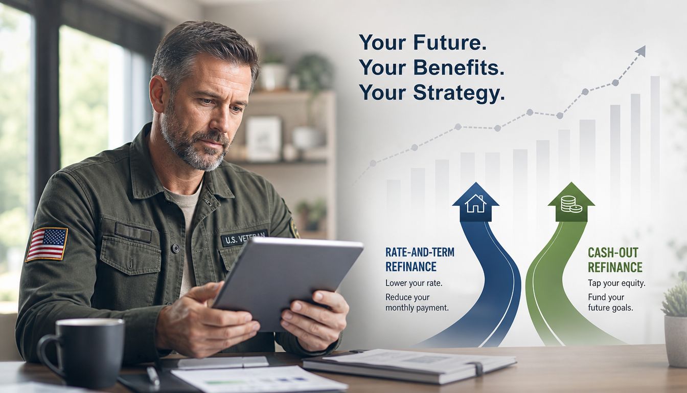A U.S. veteran sitting at a desk reviewing financial information on a digital tablet regarding home refinancing.