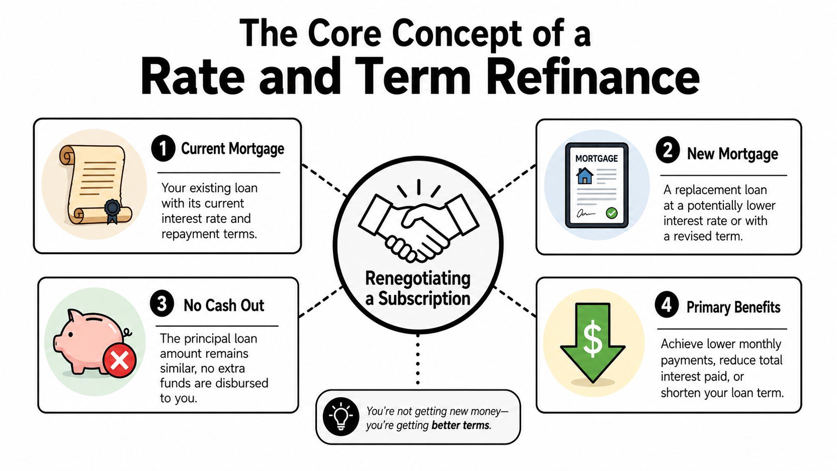 An infographic explaining the core concept of a rate and term mortgage refinance through four main steps.