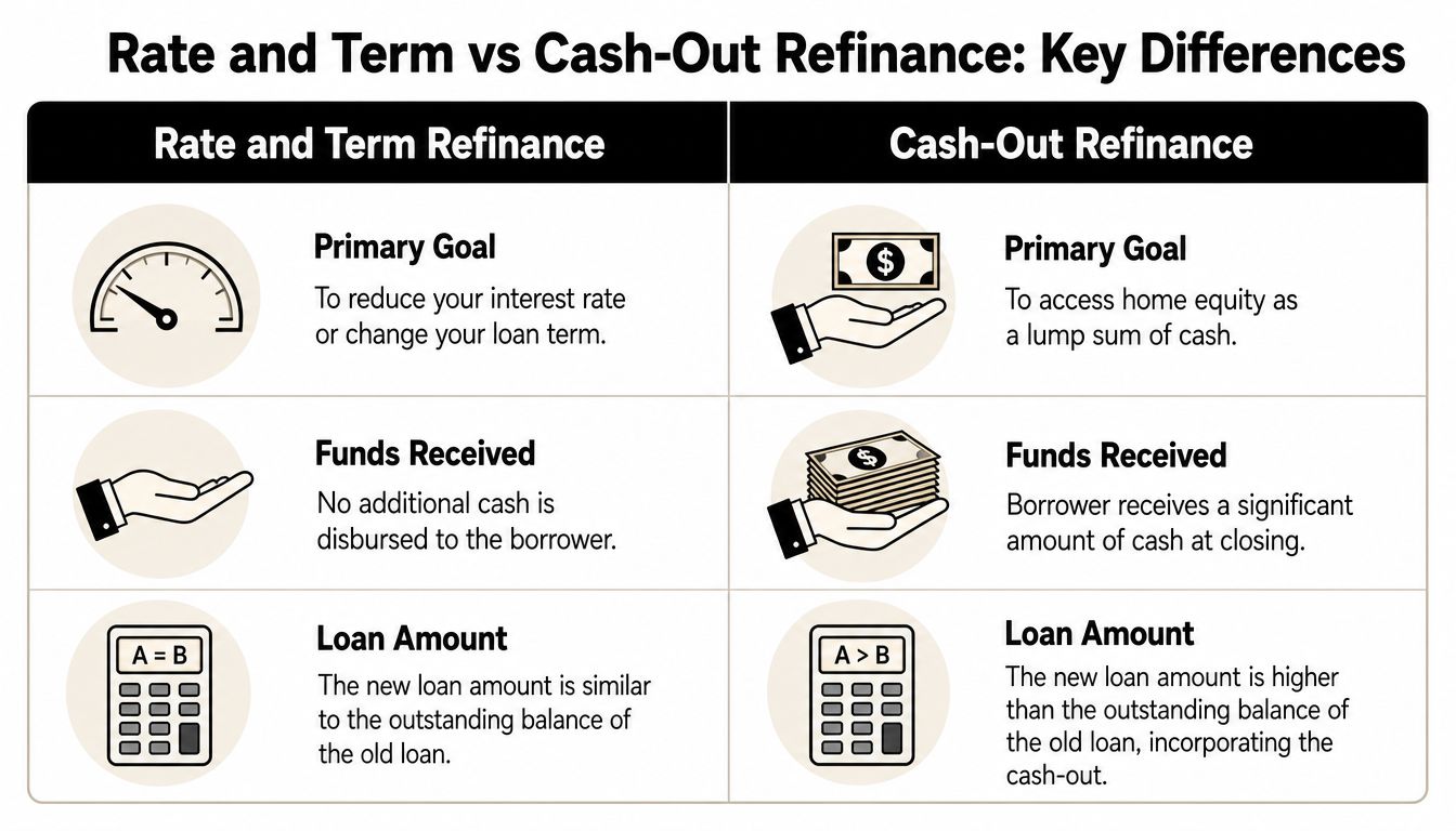 A comparison chart outlining the key differences between rate and term refinance and cash-out refinance loan options.