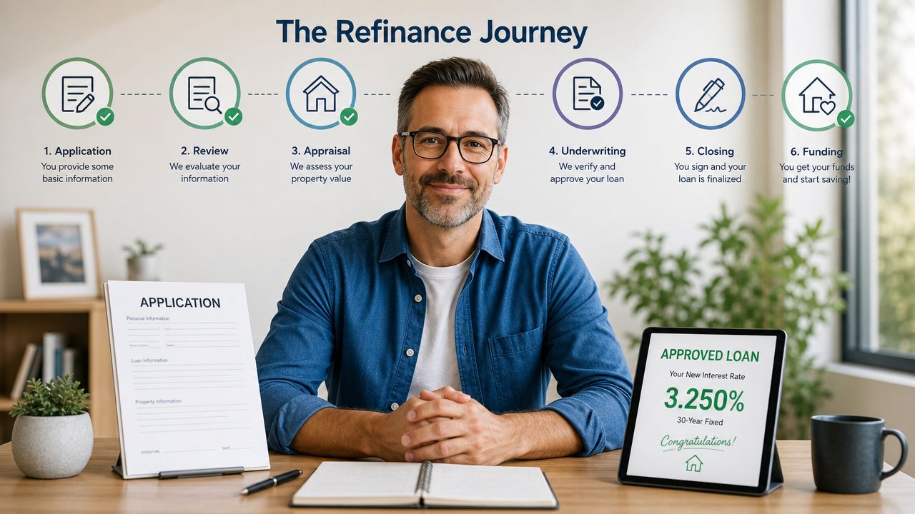 A professional man sitting at a desk explaining the six-step mortgage refinance journey process in a clear infographic.