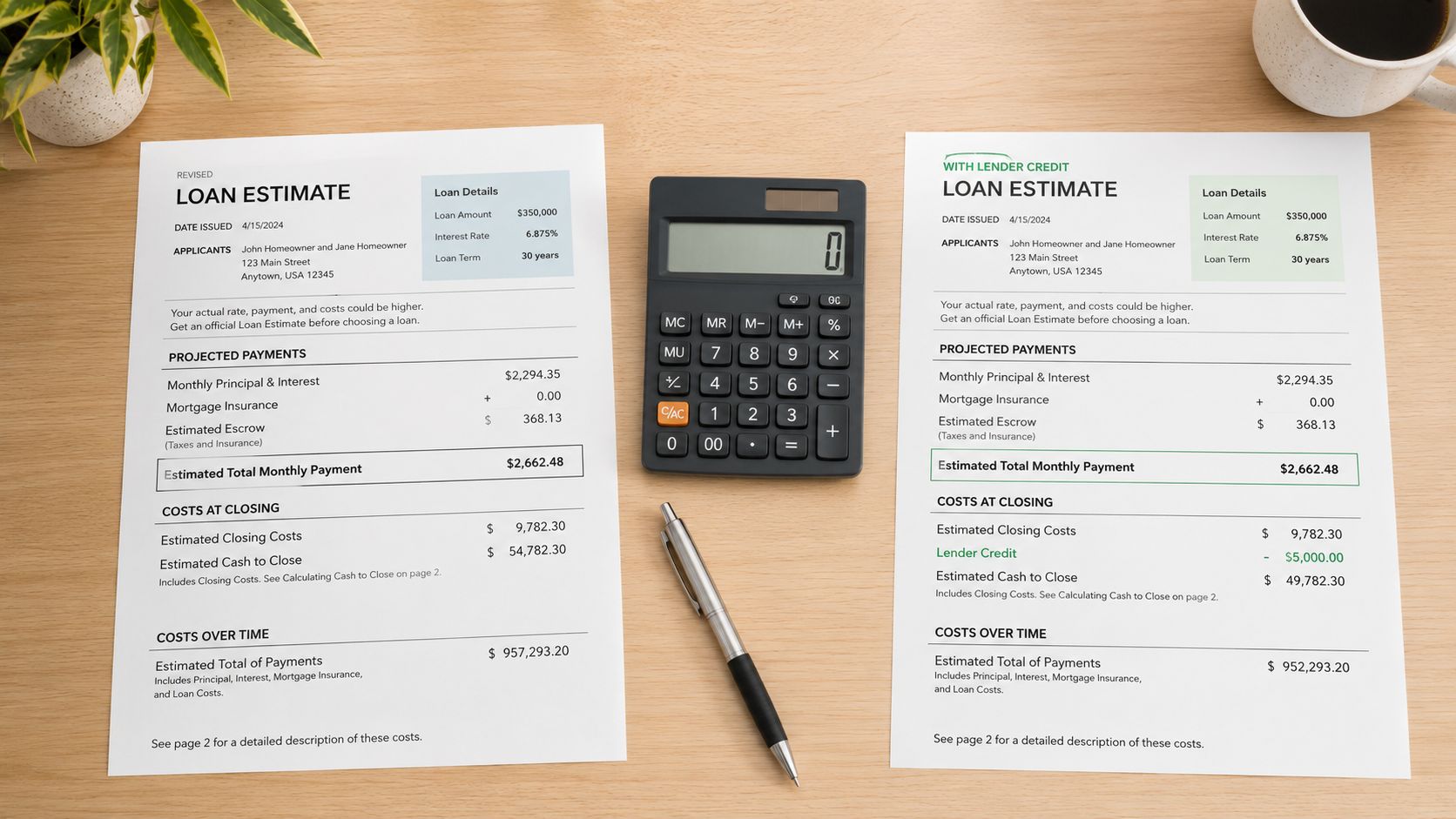 Two side-by-side mortgage loan estimate forms on a wooden desk with a calculator and a pen.