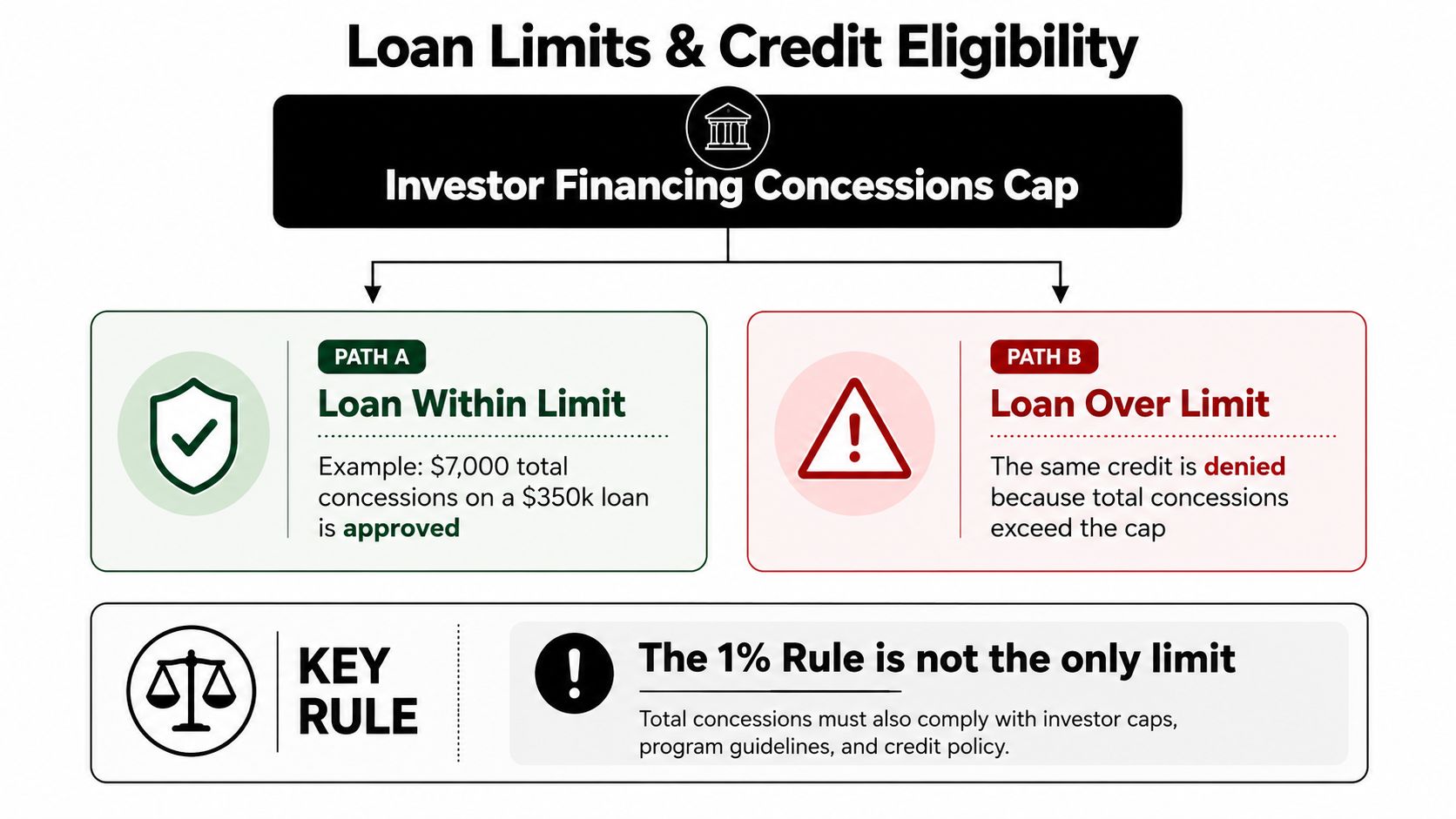 A diagram explaining investor financing concessions caps with two paths for loan approval and denial.