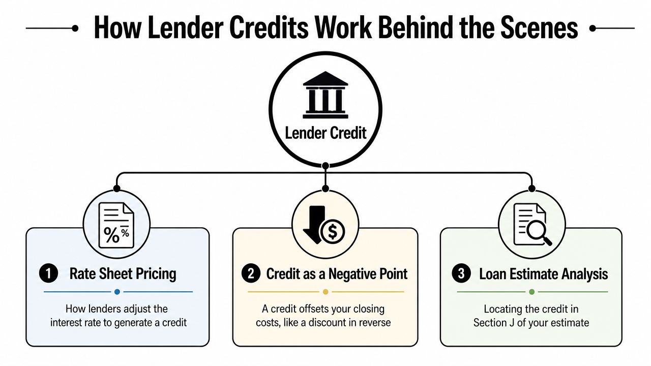 A diagram explaining how lender credits work in mortgage loans through three distinct process steps.