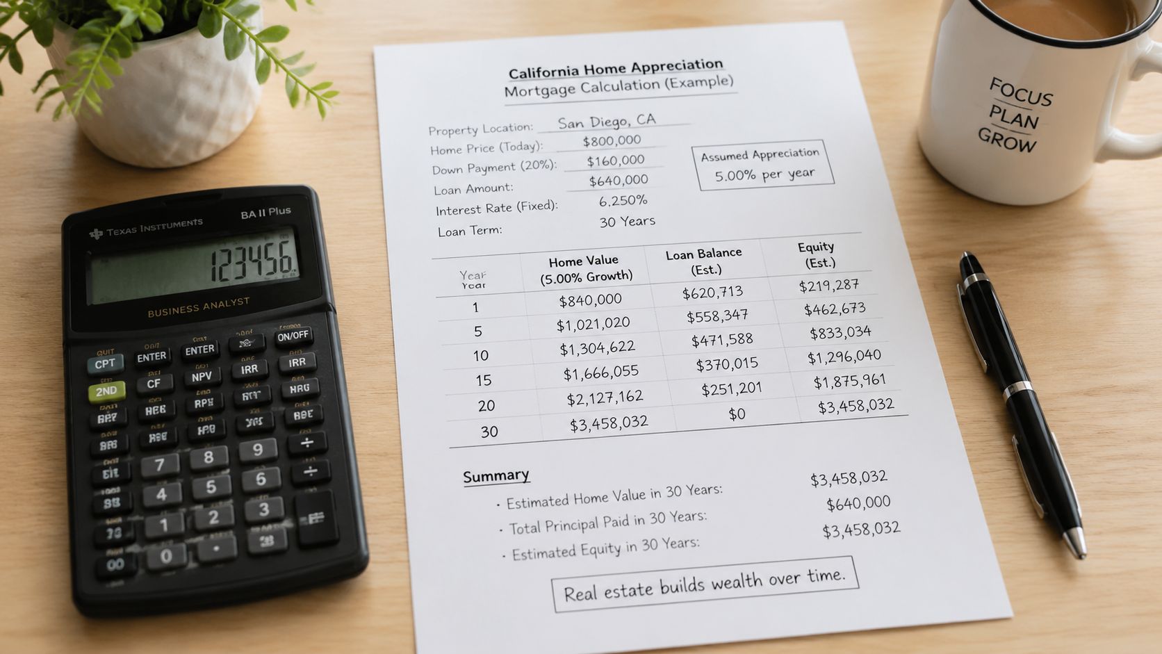 A document showing California home appreciation calculations with a calculator and pen on a wooden desk.