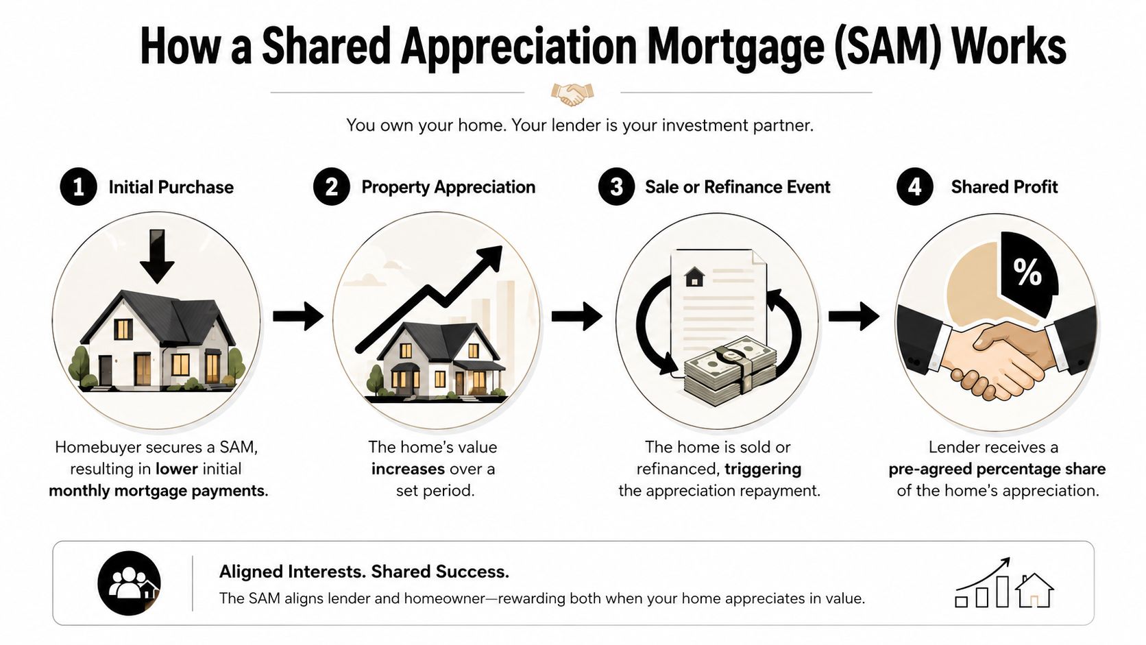 A four-step infographic explaining how a shared appreciation mortgage works between a homebuyer and a lender.