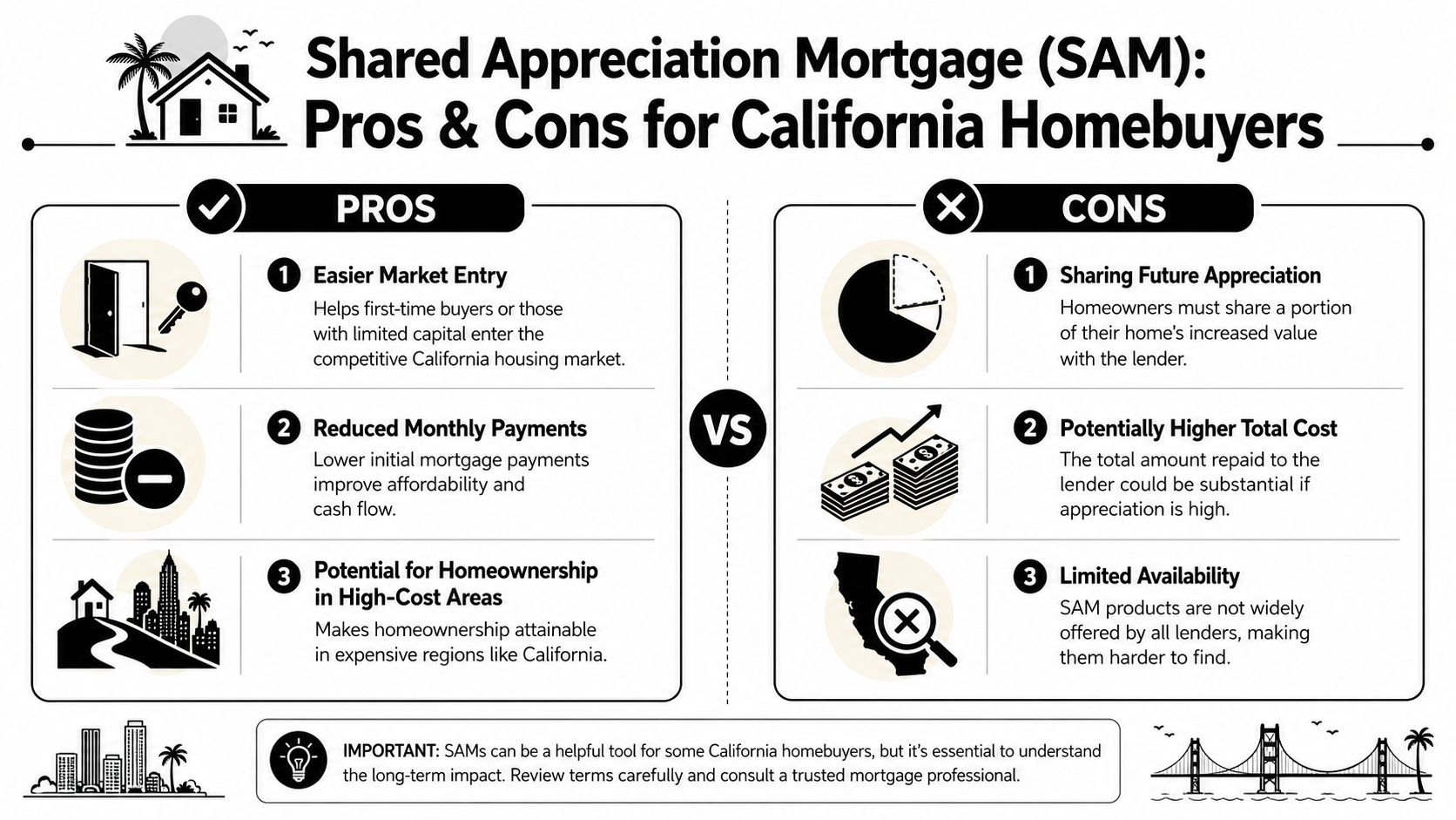 An infographic showing the pros and cons of shared appreciation mortgages for California homebuyers.
