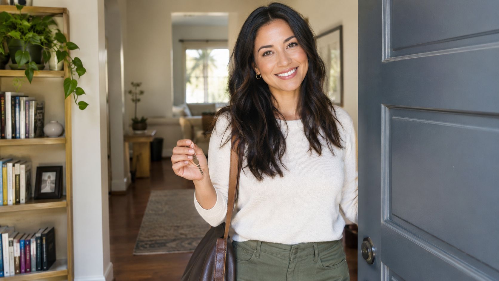 A smiling woman holding a key while standing at an open front door to a home.