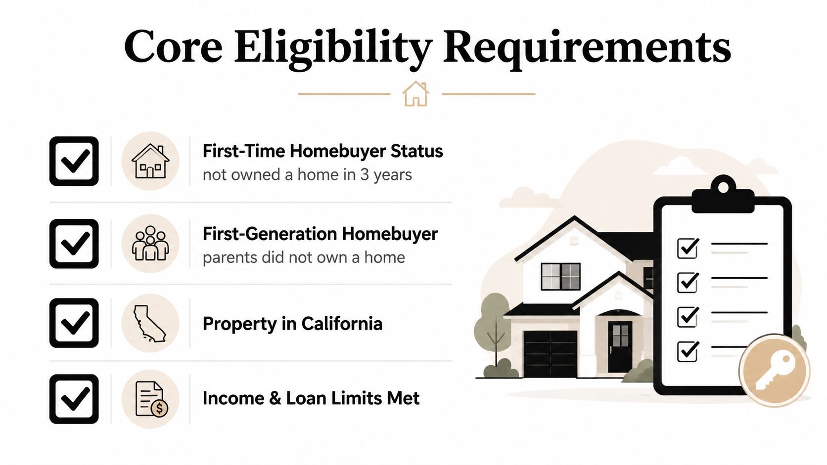A checklist infographic outlining core eligibility requirements for a California homebuyer assistance program.