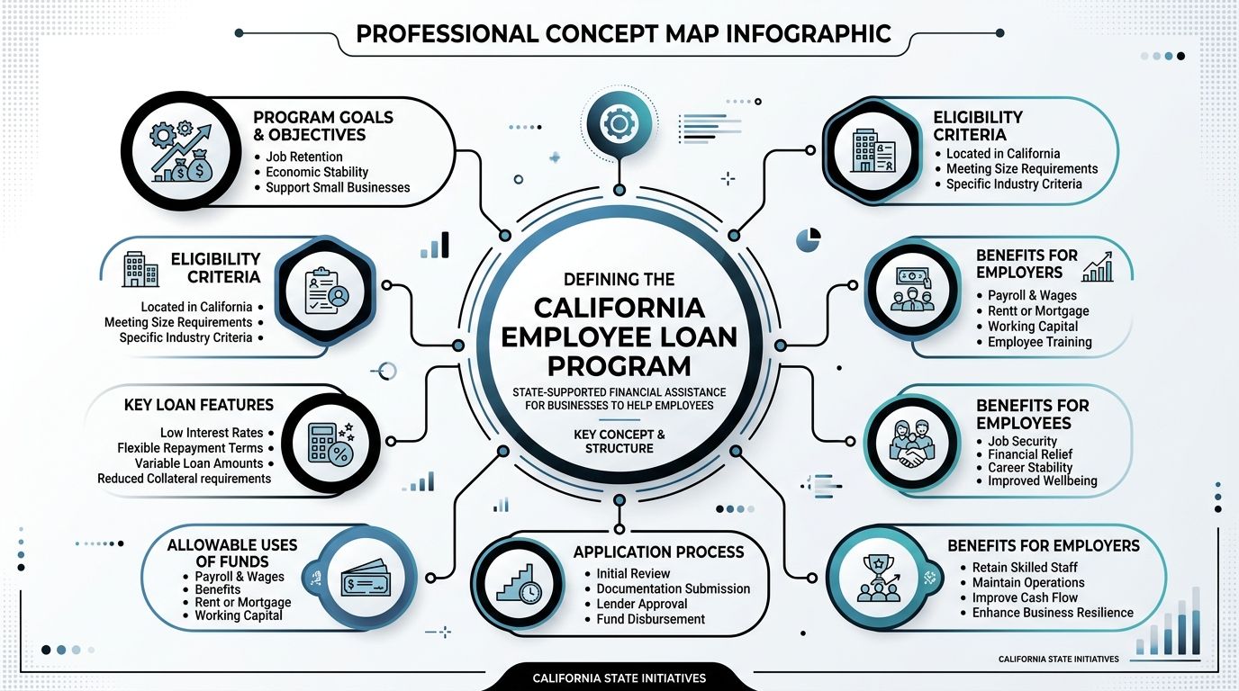 A professional infographic outlining the key goals, eligibility, benefits, and application process for the California Employee Loan Program.