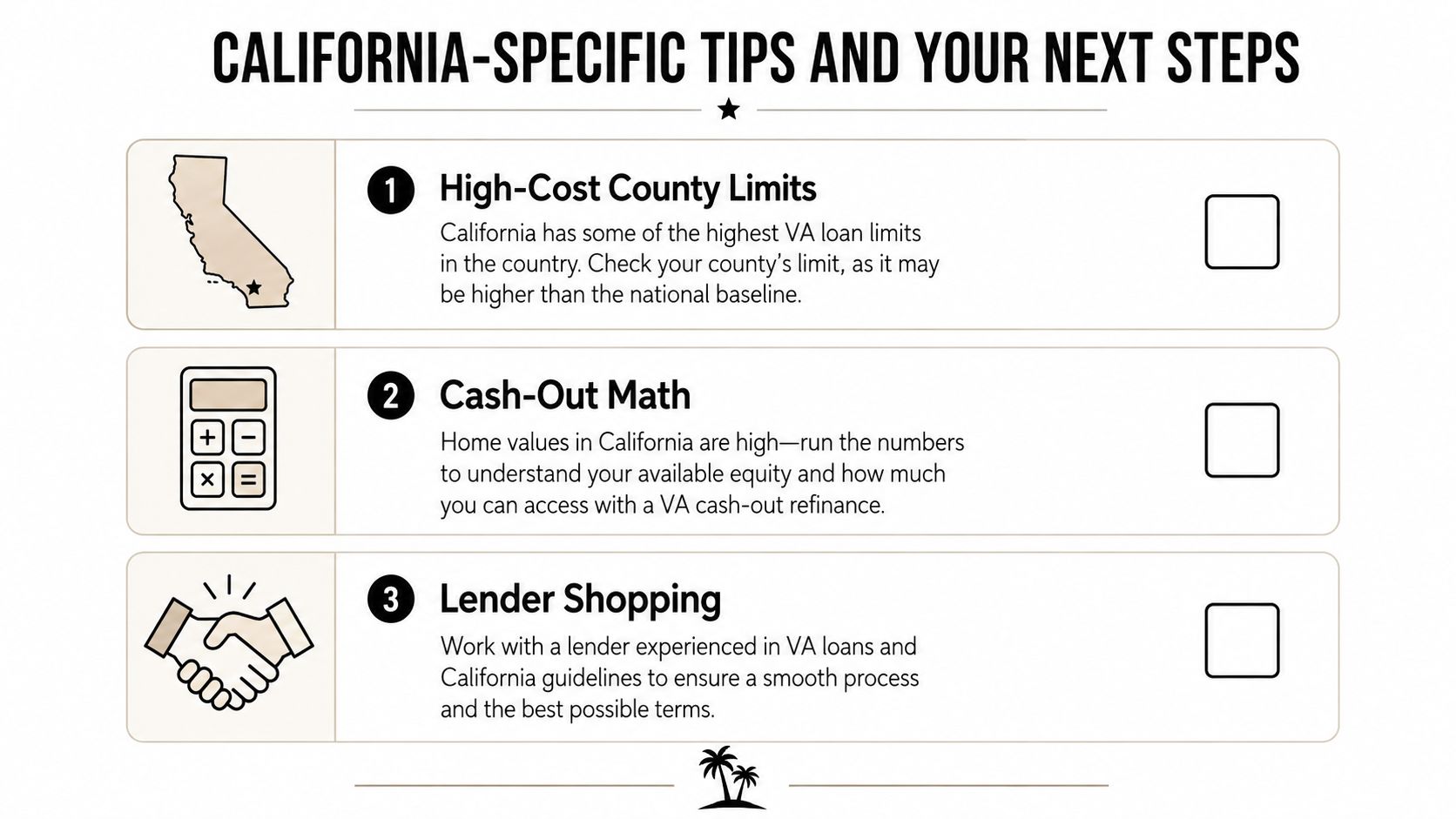 An infographic listing three California-specific tips for VA home loans, including high-cost limits, cash-out math, and lender shopping.
