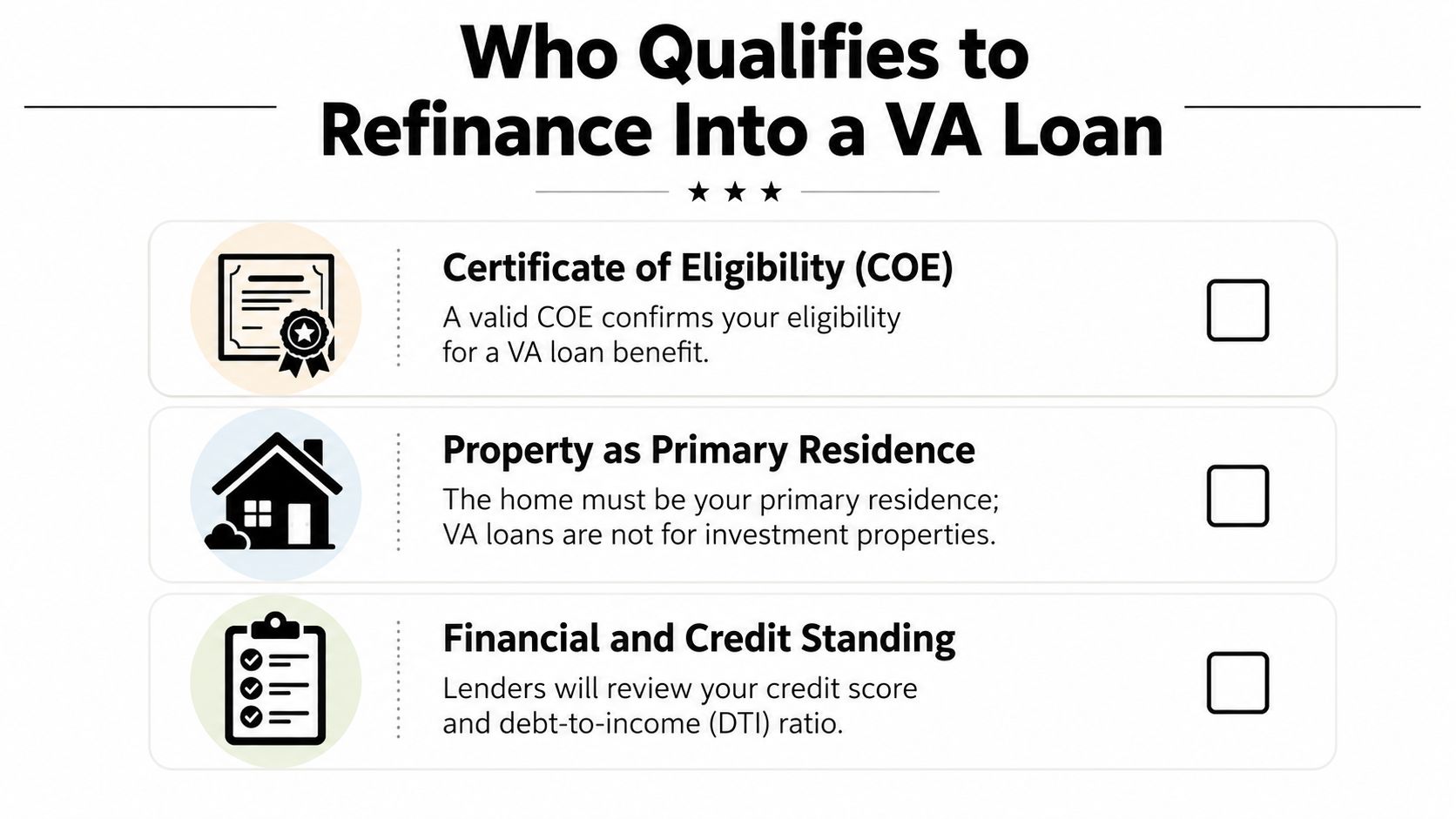 A graphic listing the three primary requirements to qualify for a VA loan refinance.