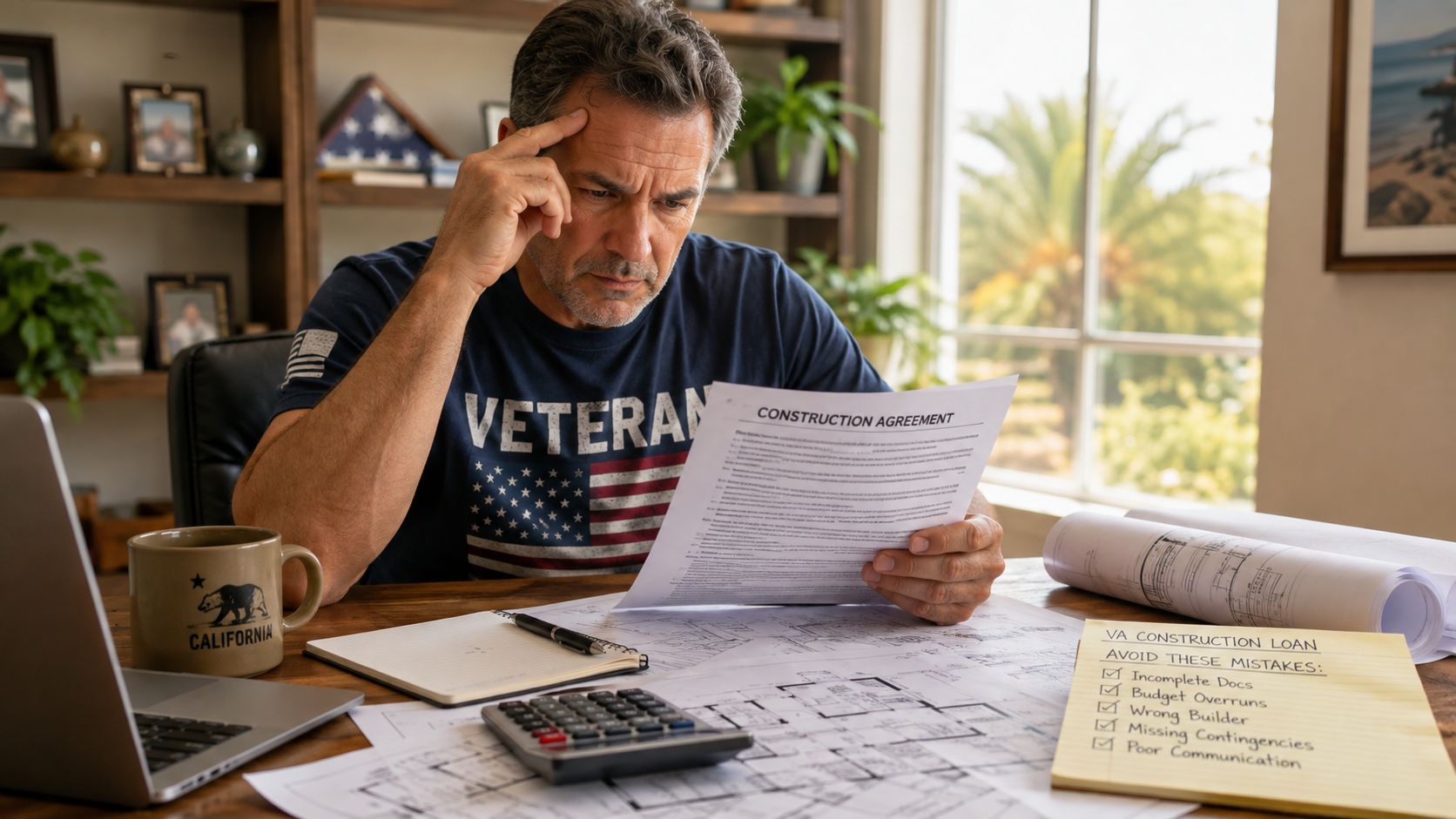 A concerned veteran reviewing a construction agreement document while working on VA construction loan planning at home.