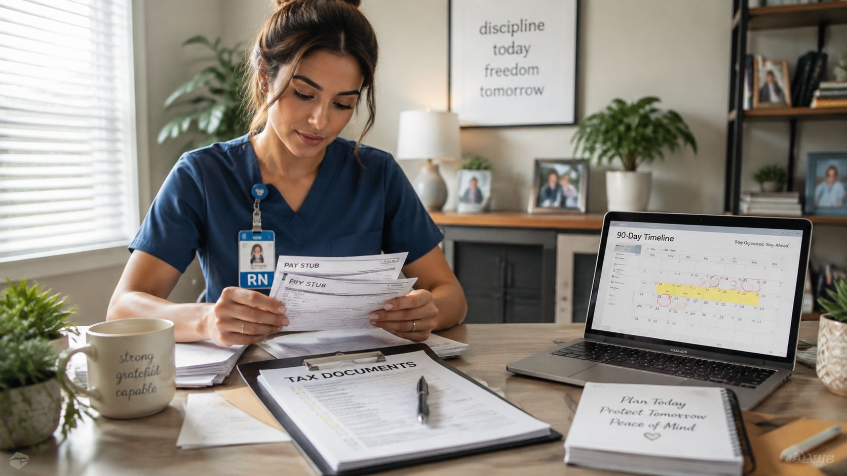 A registered nurse reviews financial pay stubs and tax documents while working on a 90-day financial timeline.