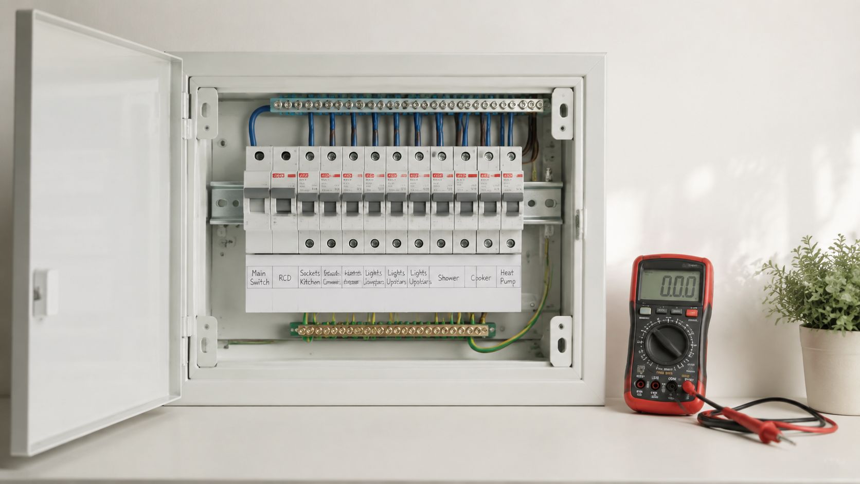 An open electrical consumer unit panel on a wall next to a digital multimeter and small plant.
