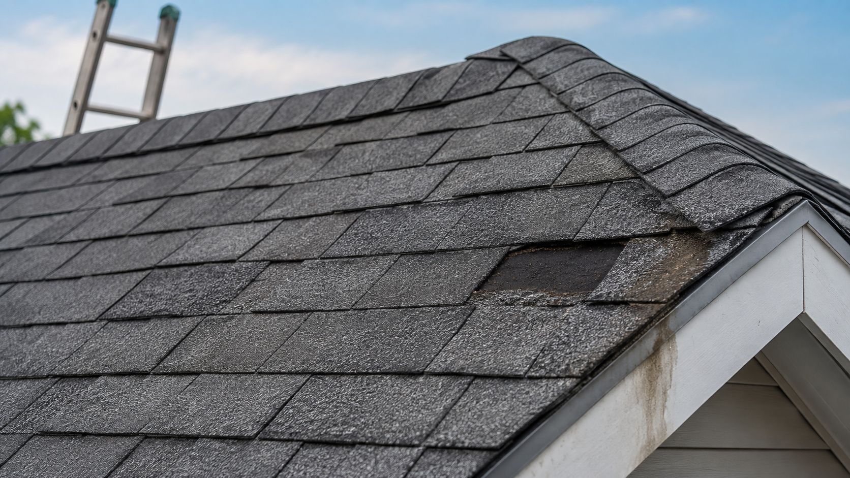 A close-up view of a damaged roof with missing shingles next to an extension ladder.