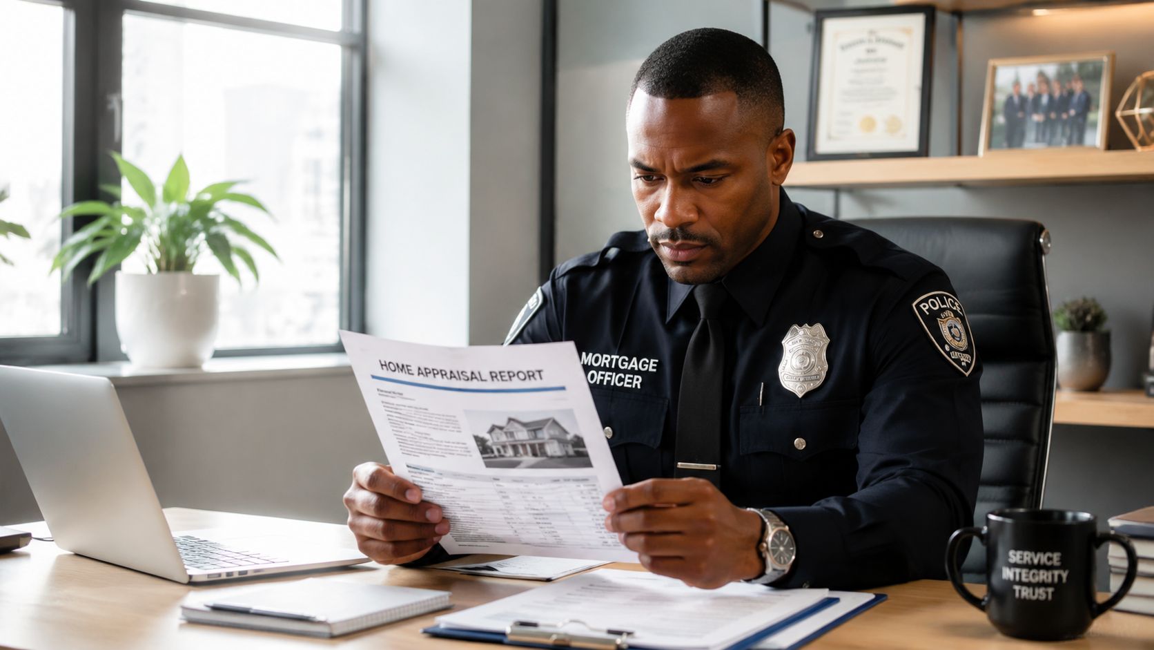 A professional police officer in uniform reviewing a home appraisal report at a desk in an office.