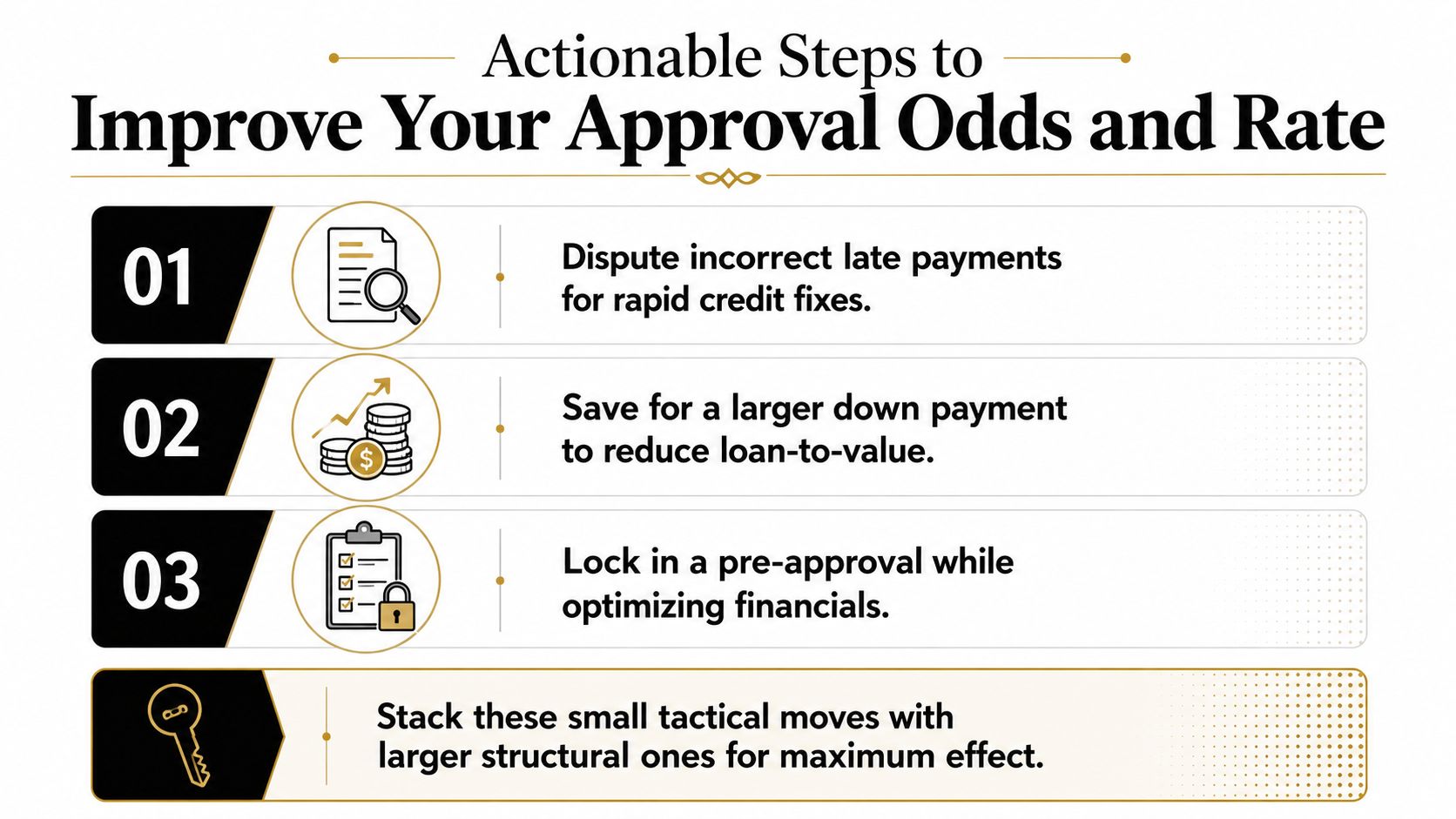 A graphic showing three actionable steps to improve mortgage approval odds and interest rates for home buyers.