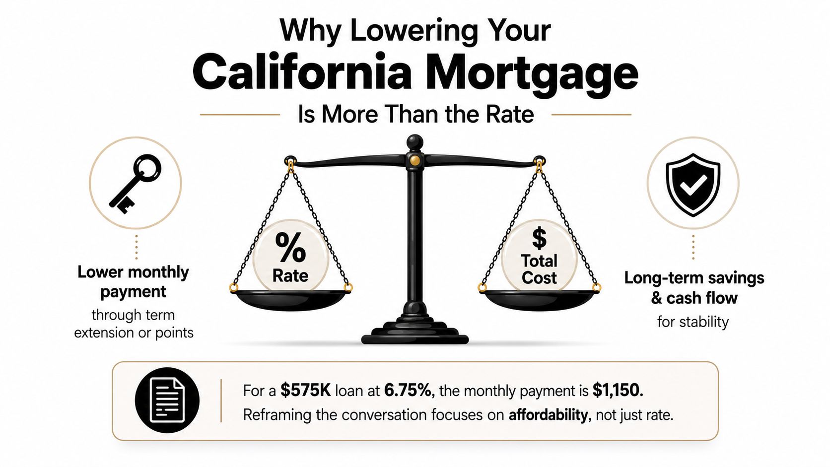 An infographic showing that lowering a California mortgage involves focusing on total cost and affordability, not just interest rates.