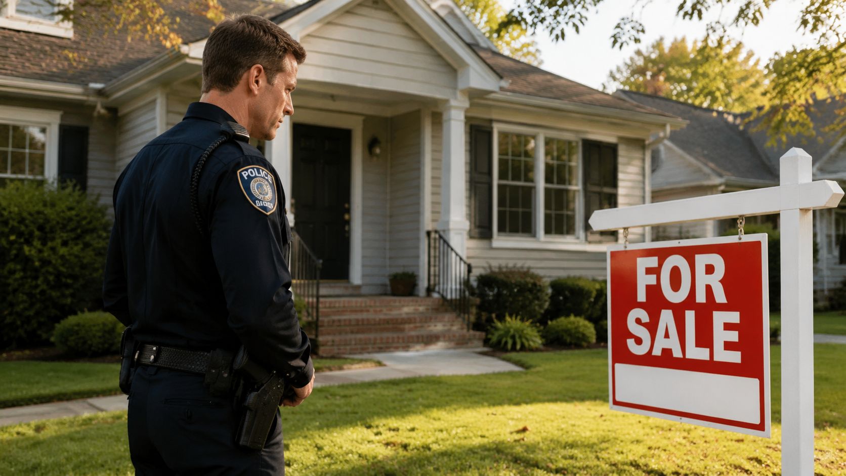 A police officer standing on a lawn in front of a house with a for sale sign.