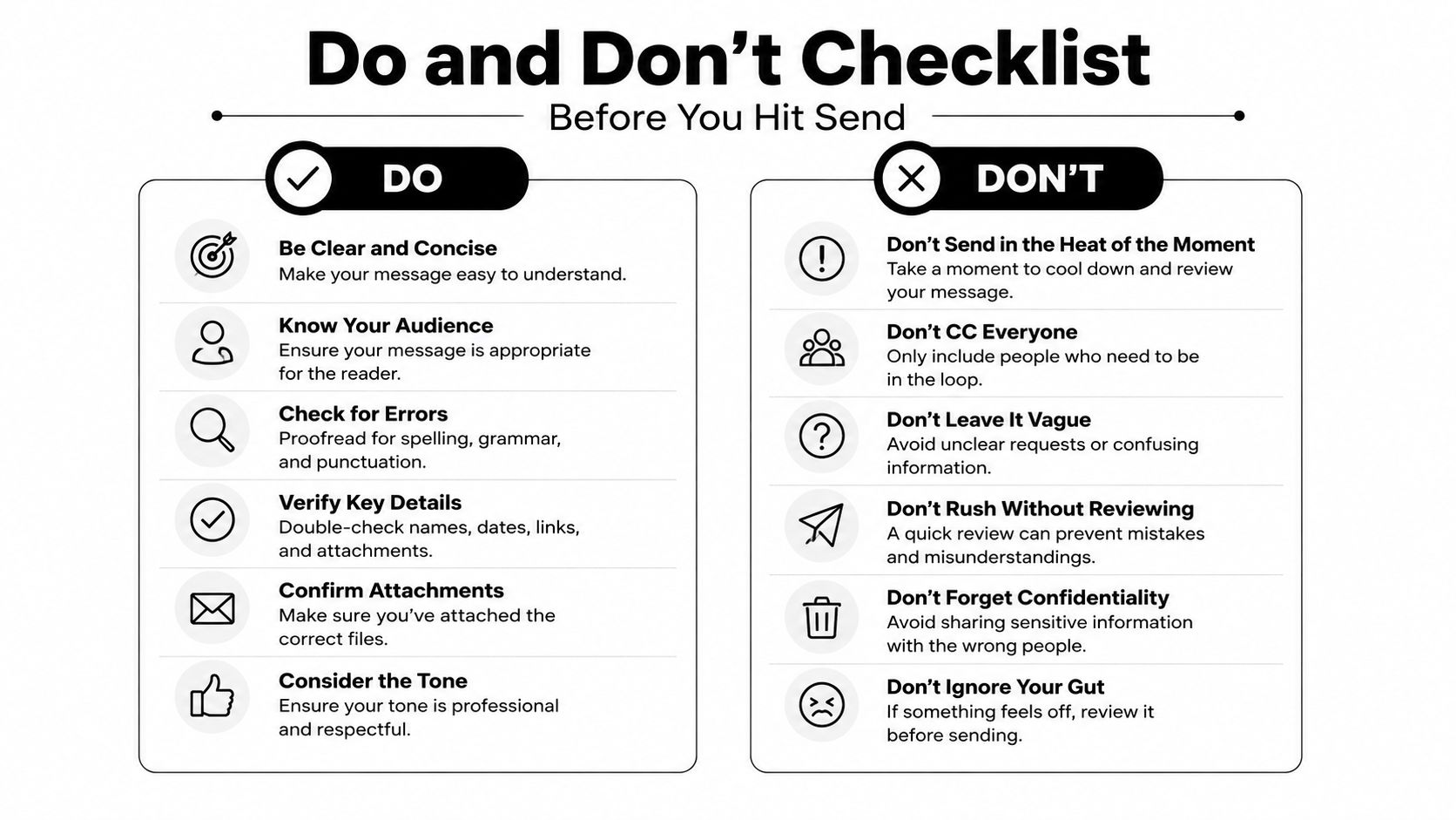 A professional checklist infographic detailing best practices for sending emails, including do and don't guidelines.