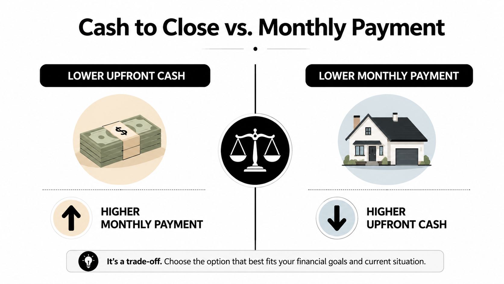 An infographic illustrating the financial trade-off between lower upfront cash costs and lower monthly mortgage payments.