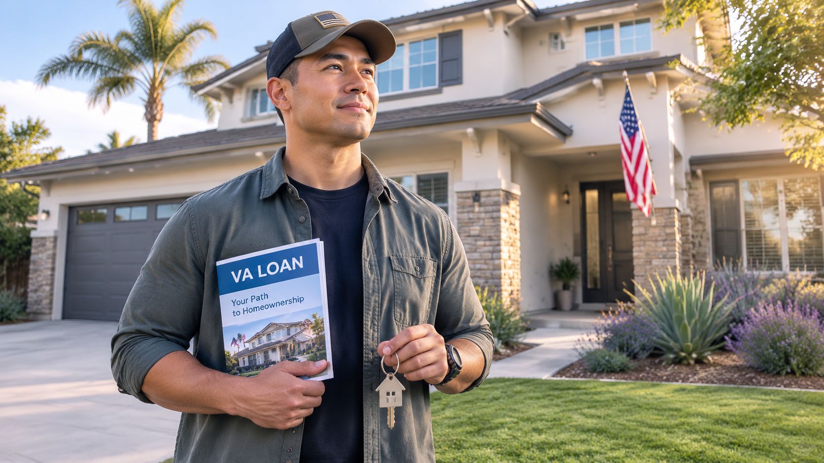 A veteran standing in front of a suburban home holding a VA loan guide and a house key.