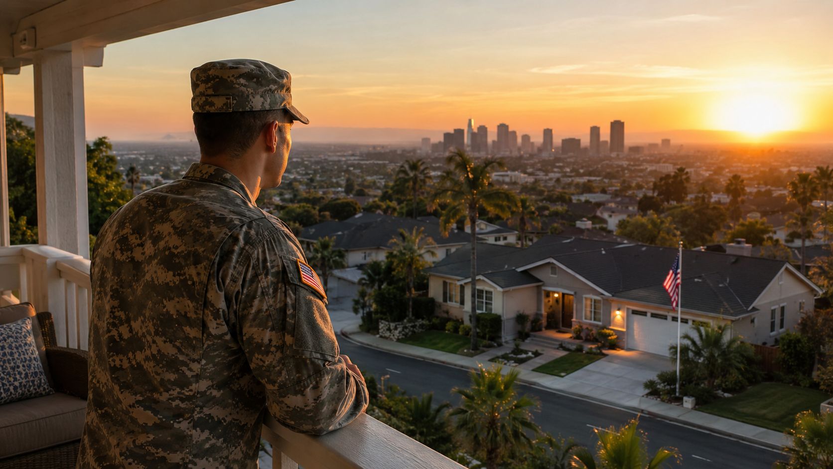 A soldier in uniform stands on a porch overlooking a suburban neighborhood and city skyline at sunset.