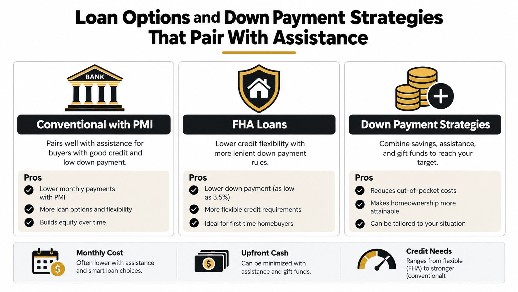 An infographic detailing loan options and strategies to assist California first-time home buyers with down payments.