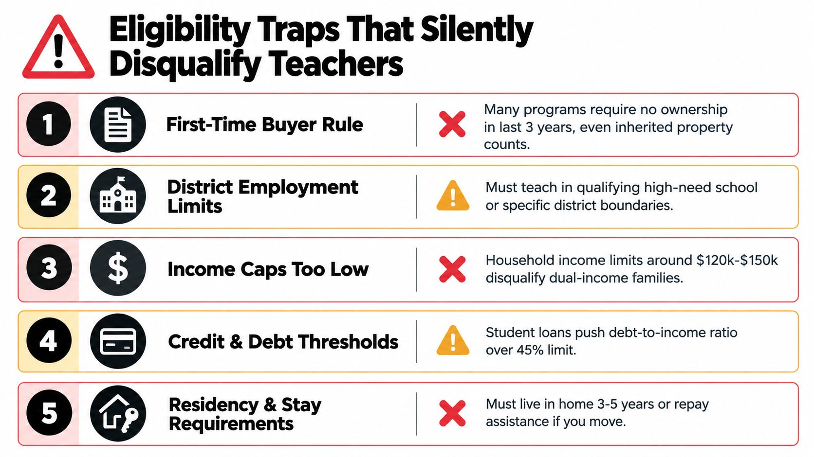 A list of five common financial eligibility traps that can disqualify teachers from home buying assistance programs.